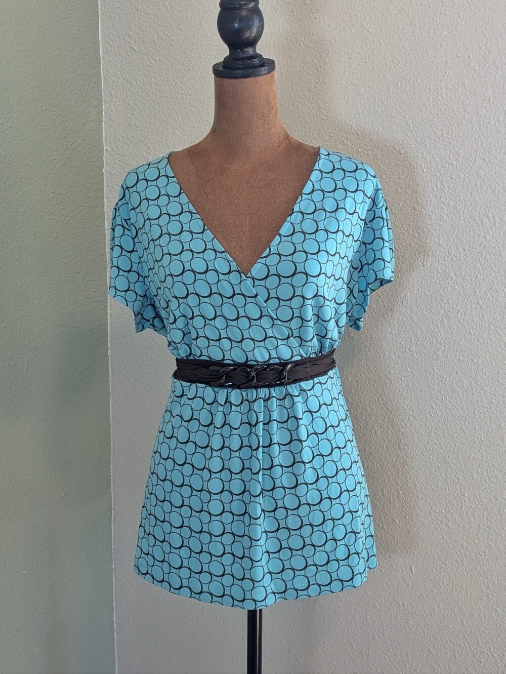 Apt. 9 Aqua Blue Circle-Print Wrap Blouse with Brown Belt